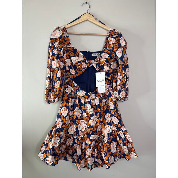 NWT Amur Medina Cutout Floral-Print Organic Stretch-Cotton Mini Dress Indigo - Picture 2 of 8